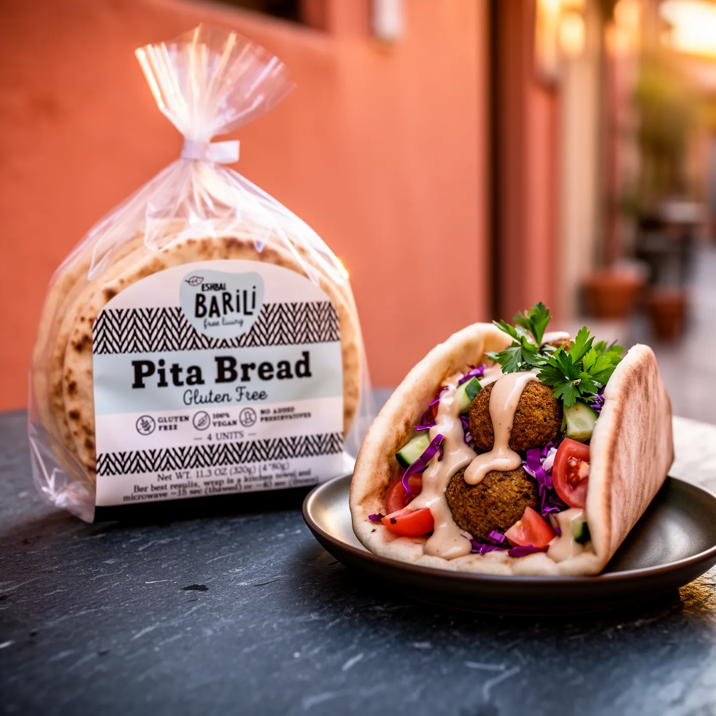 BlueVeta lifestyle scene for Barili Pita Bread — bagged pita next to a falafel plate on a Mediterranean terracotta backdrop, no people
